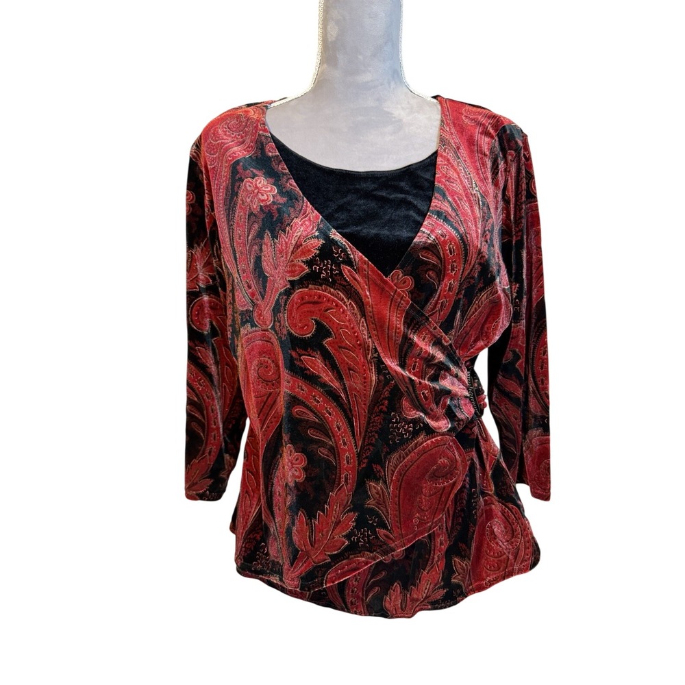 Elementz Whimsigoth Black Paisley‎ Burnout Velvet Faux Wrap Blouse Top Sz PXL